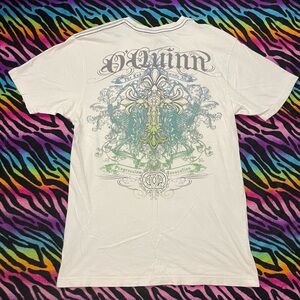 Affliction White Short-Sleeve Tee with Ornate Green & Blue Back Graphic